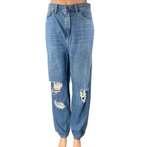 Cello Women's Blue Distressed High Rise Relaxed Fit Straight Denim Jeans Size 5